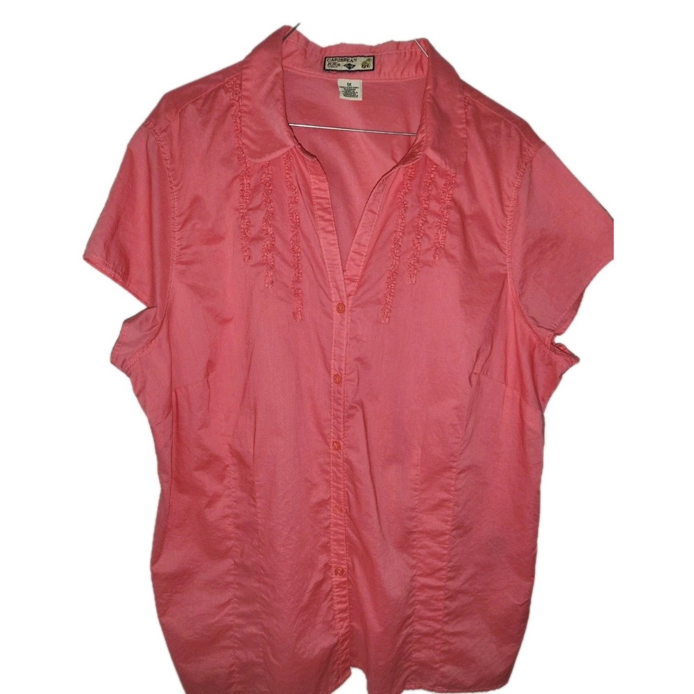 Caribbean Joe Women's Size 1X Blouse Shirt Pink Top Short Sleeve Ruffle